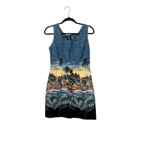 Hoku Hawaiian Women's Medium Blue Tropical Floral Sleeveless Cotton Resort Shift